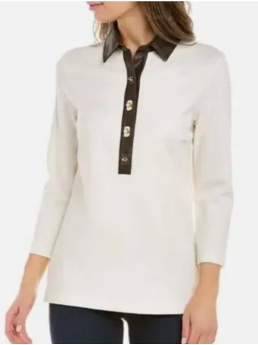 J Mclaughlin Cream Polo Long Sleeve Top with Contrast Brown Leather Trim NWOT L